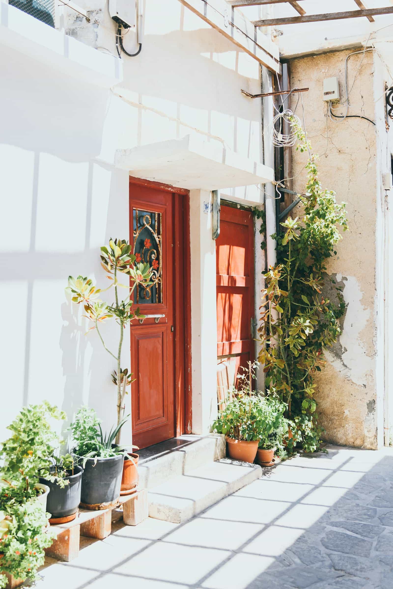 A traditional brown wooden door beside a green plant in Ierapetra old town, Crete, Greece