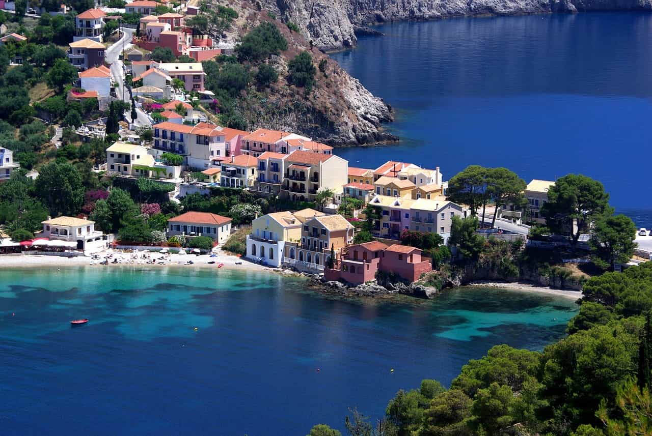 Aerial photo of the pictresque image of Assos village in Kefalonia