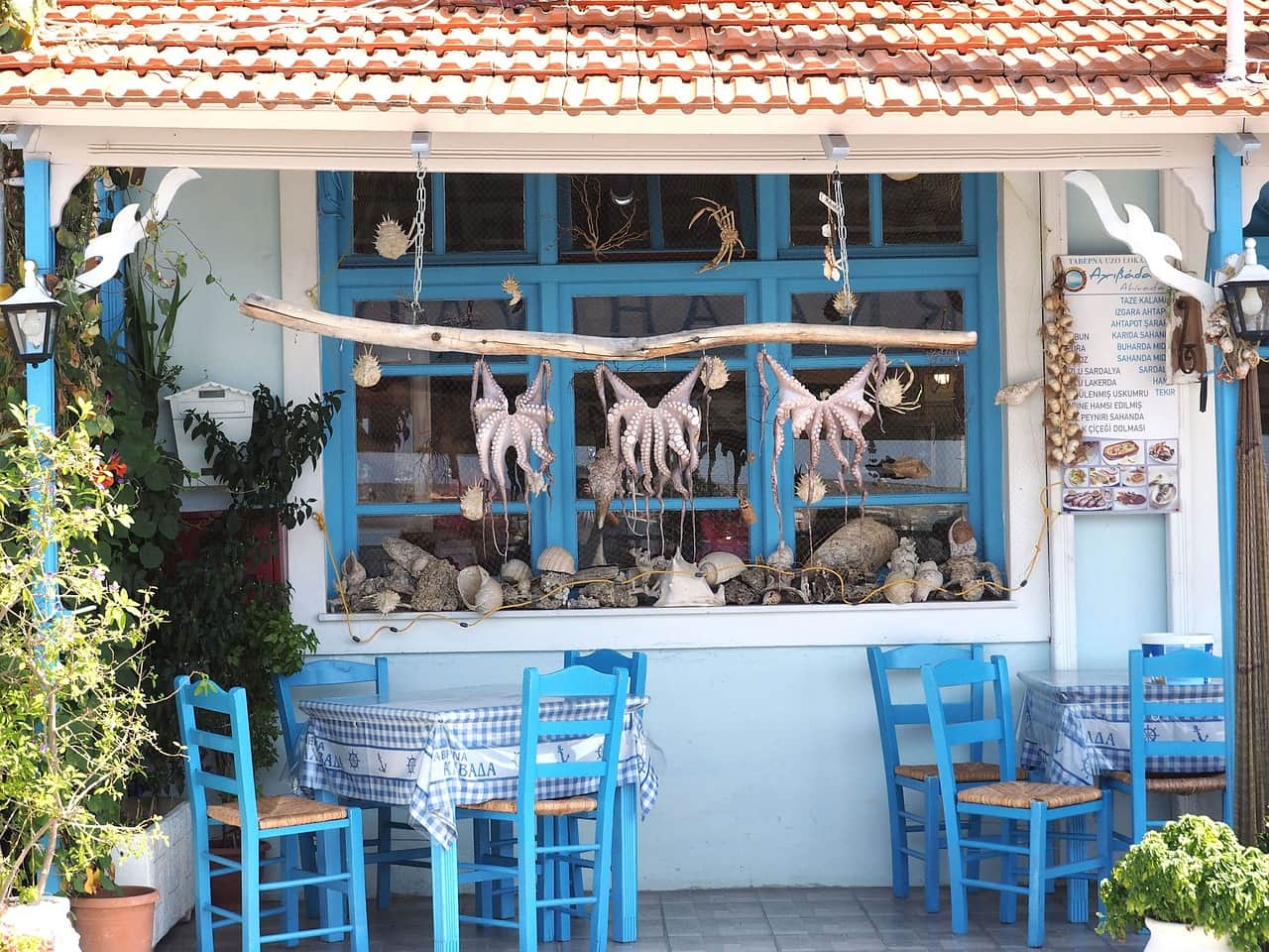 A tavern with octopus in line to sundry in the village of Plomari, Lesvos 