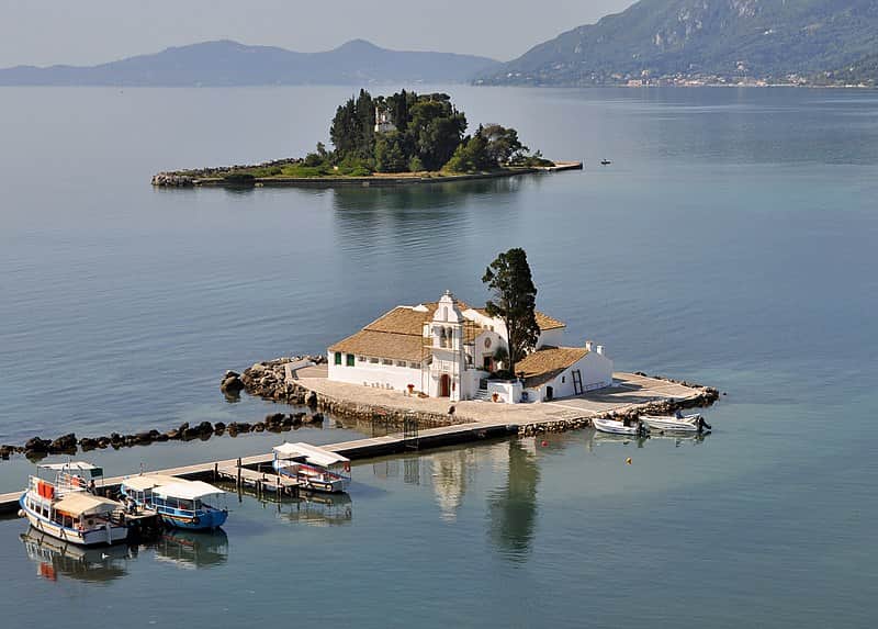 View of the Byzantine church in Pontikonissi islet, Corfu, Greece