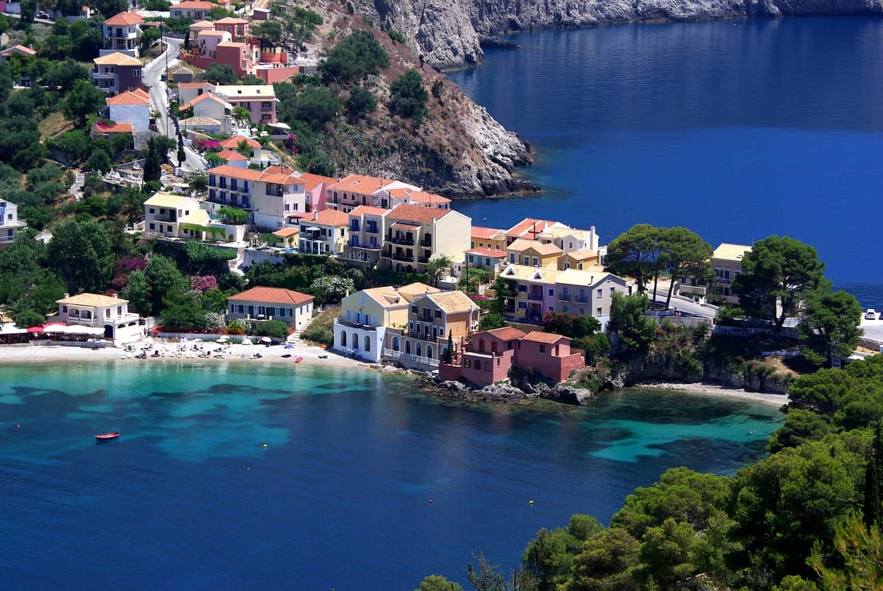 Aerial photo of the pictresque image of Assos village in Kefalonia