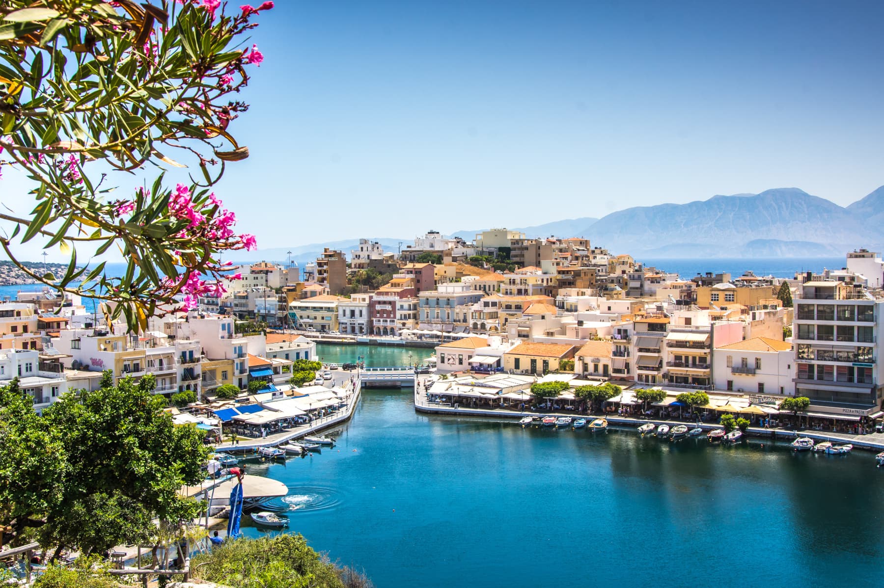 Voulismeni Lake in Agios Nikolaos, Lasithi with the image of an oleander branch on the front
