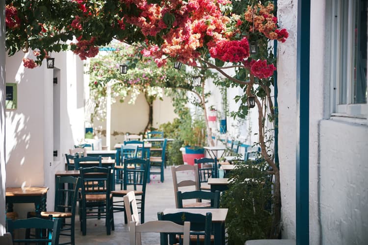 A narrow whitewashed street with tavernas and blooming Bougainvilleas