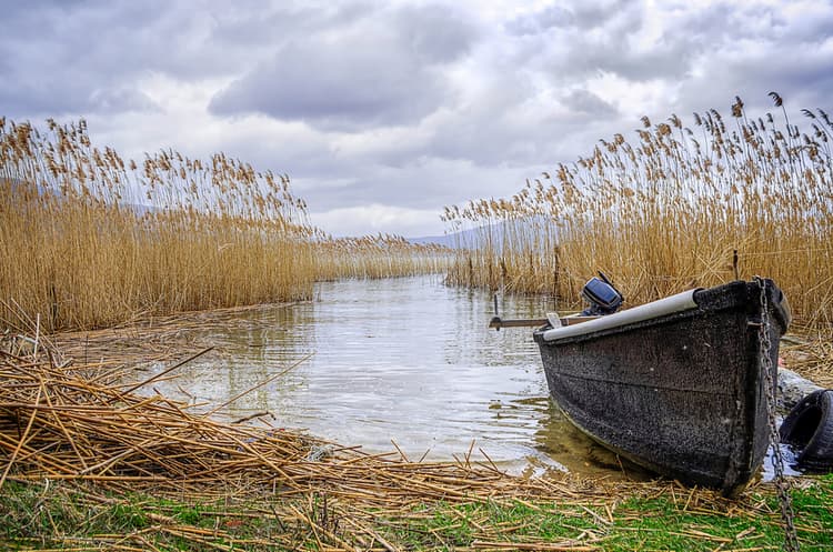 the rushy great prespa lake with a small fishing boat on the right