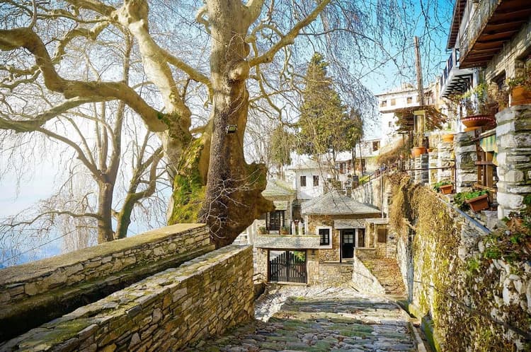 A narrow cobblestoned street in Makrinitsa, Pelion