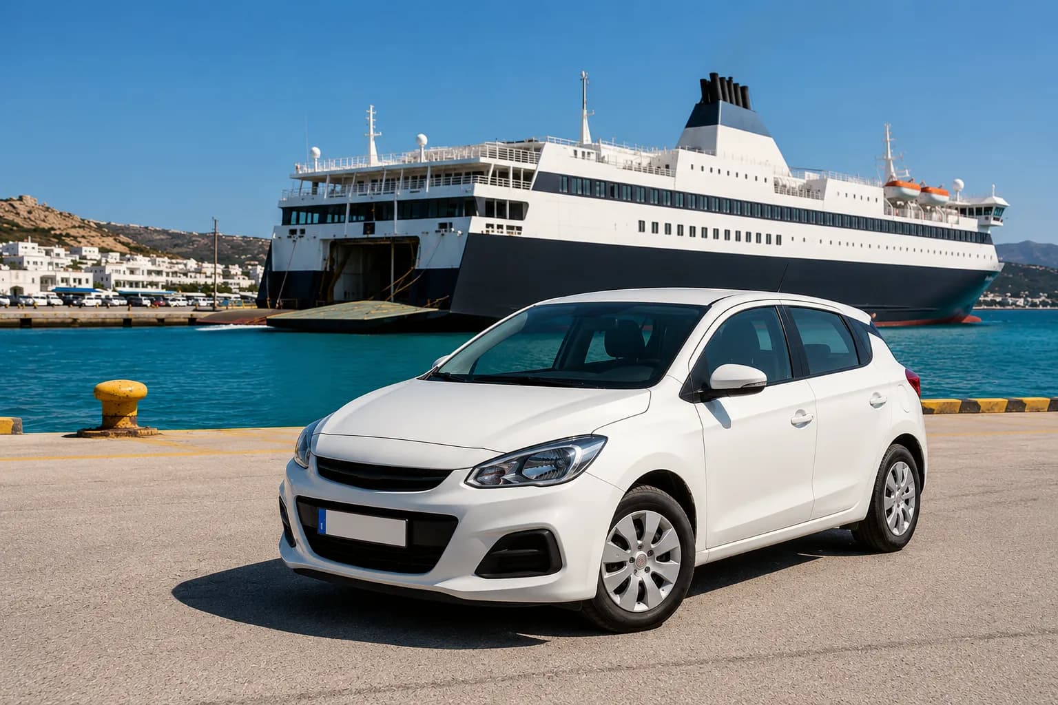 Simplybook rental car at a Greek ferry port