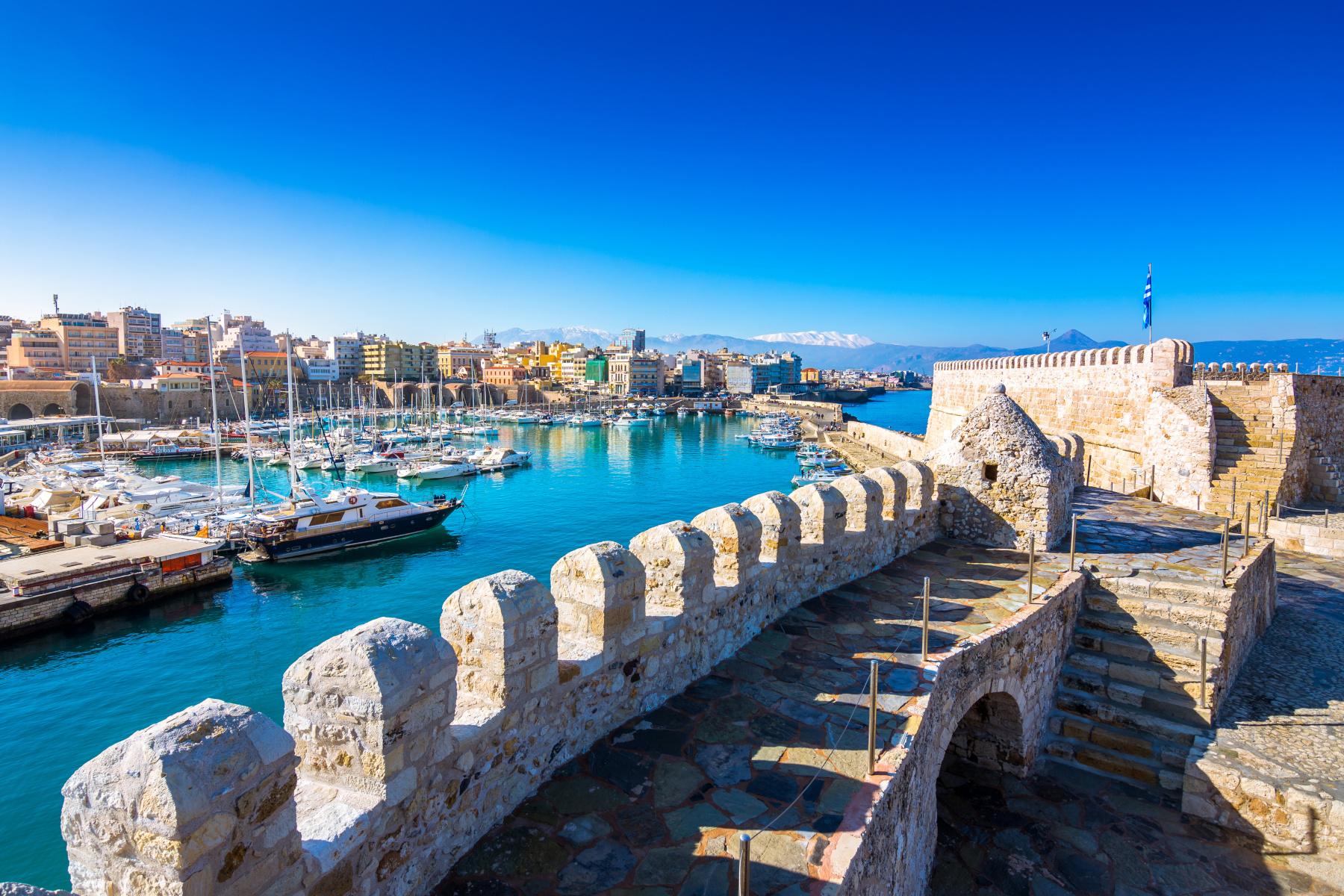 Heraklion harbour with the old Venetian fort Koule in Crete Greece