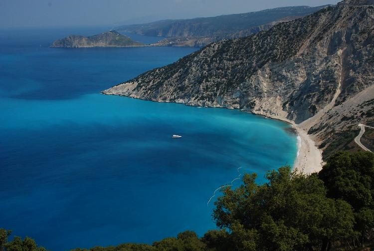 An aerial view of the famous myrtos beach with the turquoise waters