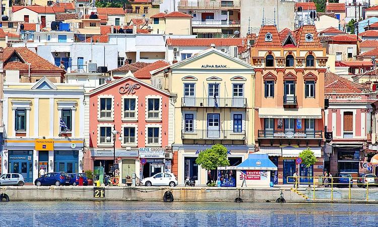 colourful buildings in front of the esplanade in Mytilene Lesbos