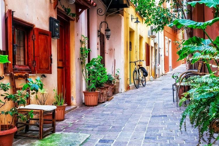 a street with colourful houses in the old town of Rethymno 