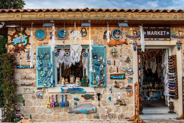 A stone-built souvenir shop displaying a variety of souvenirs