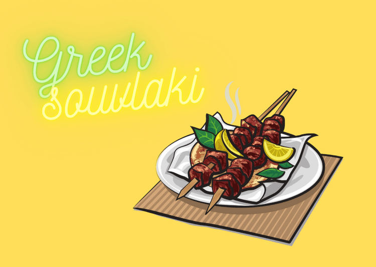 An illustration of two souvlaki skewers on a yellow background and a Greek souvlaki neon sign