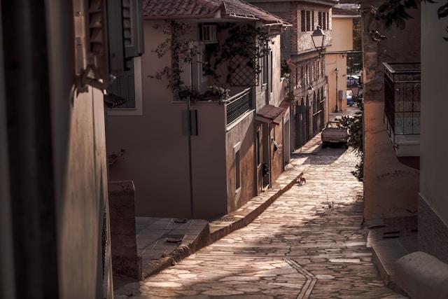 Picturesque houses and a cobblestone street in the old town of Kalamata